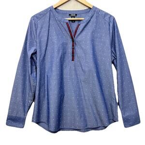 IZOD Blouse Top Women’s Size L LS Pop-over Blue W/Red & White Polka Dots Preppy